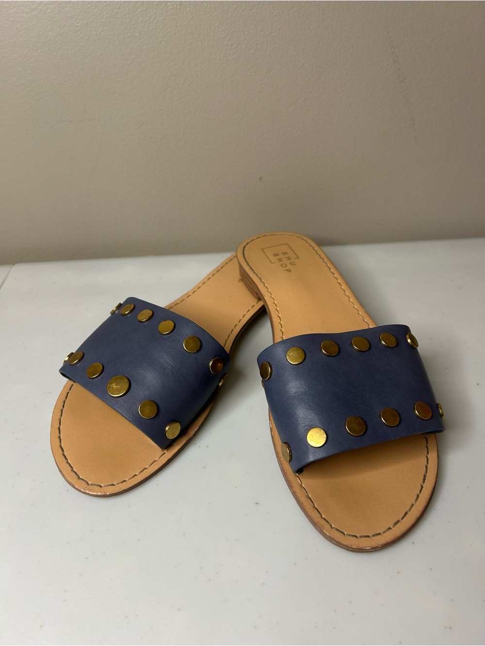 ShuShop Navy Blue Slide Sandals with Gold Studs